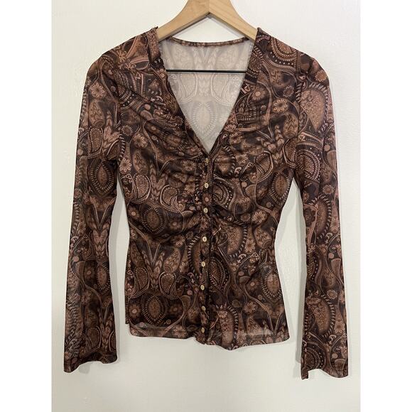 Y2K 90s Boho Indie Groovy Funk Sheer Mesh Paisley Babydoll Top XS Fairy Western - Picture 1 of 13